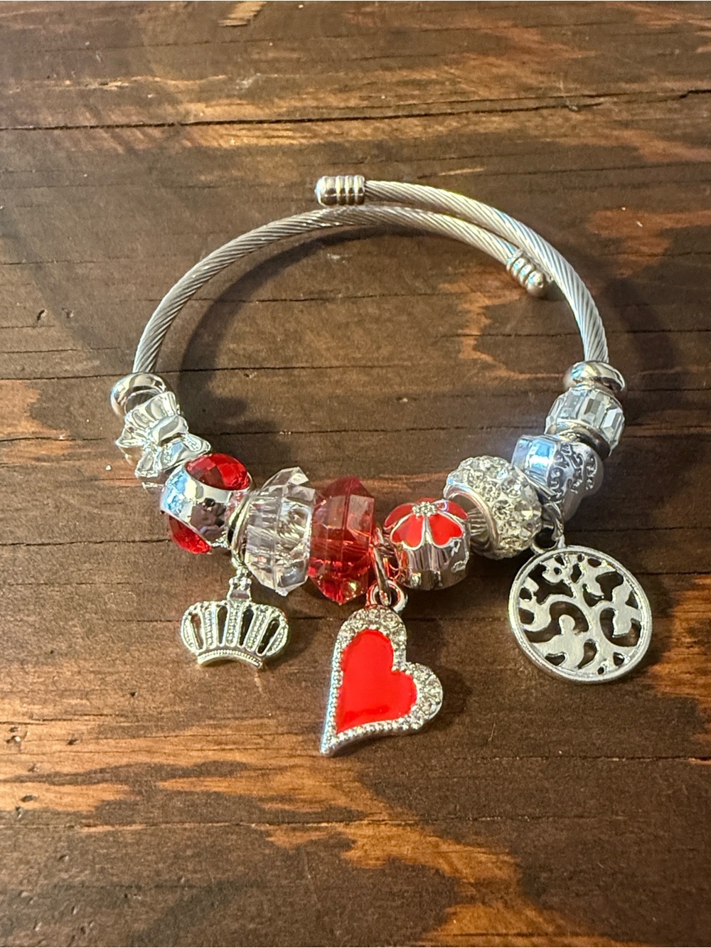 Silver Stainless Steel Charm Bracelet W/ Red Heart & Crown Accents Tree of Life